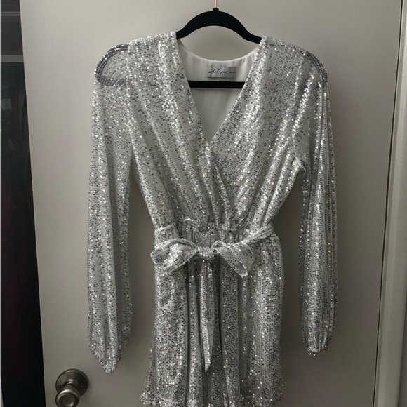 Petal & Pup Silver Sequin Romper with Wrap V-Neck and Tie Waist - Picture 7 of 7